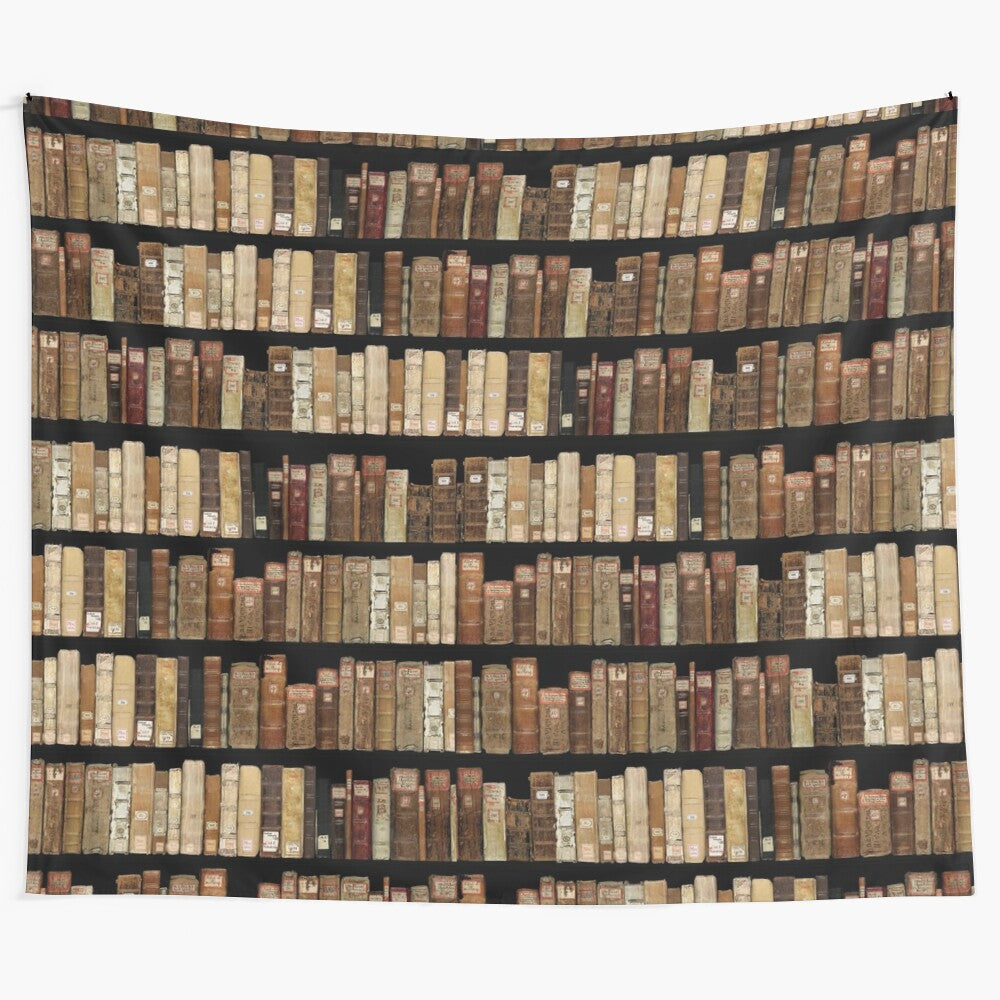 Vintage-style tapestry featuring a medieval manuscripts bookshelf design