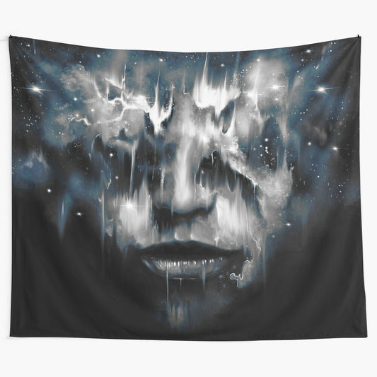 Surreal tapestry featuring a captivating face within a cosmic galaxy