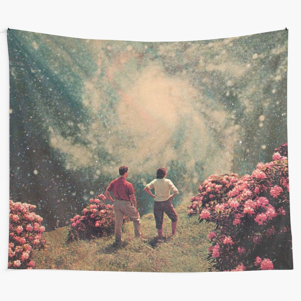 Cosmic tapestry featuring a retro-futuristic, abstract design with a dreamy, thought-provoking aesthetic