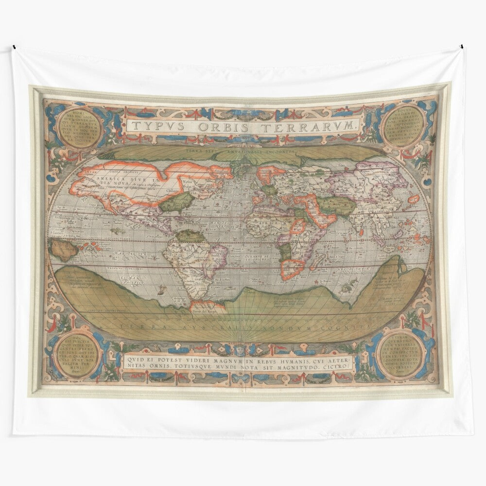 Vintage-inspired world map tapestry featuring a historical cartographic design