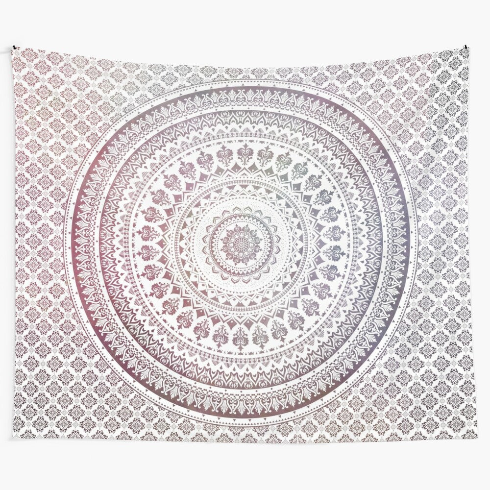 Boho mandala tapestry wall hanging featuring a colorful, psychedelic design