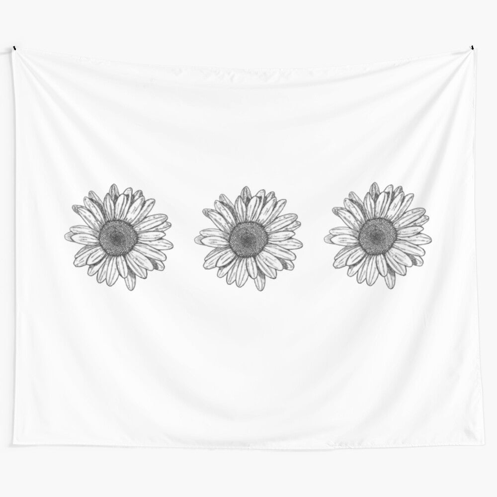 Black and white floral tapestry with minimalist design