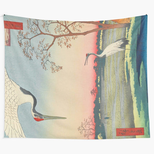 Vibrant red-crowned crane in a vintage Japanese ukiyo-e art tapestry