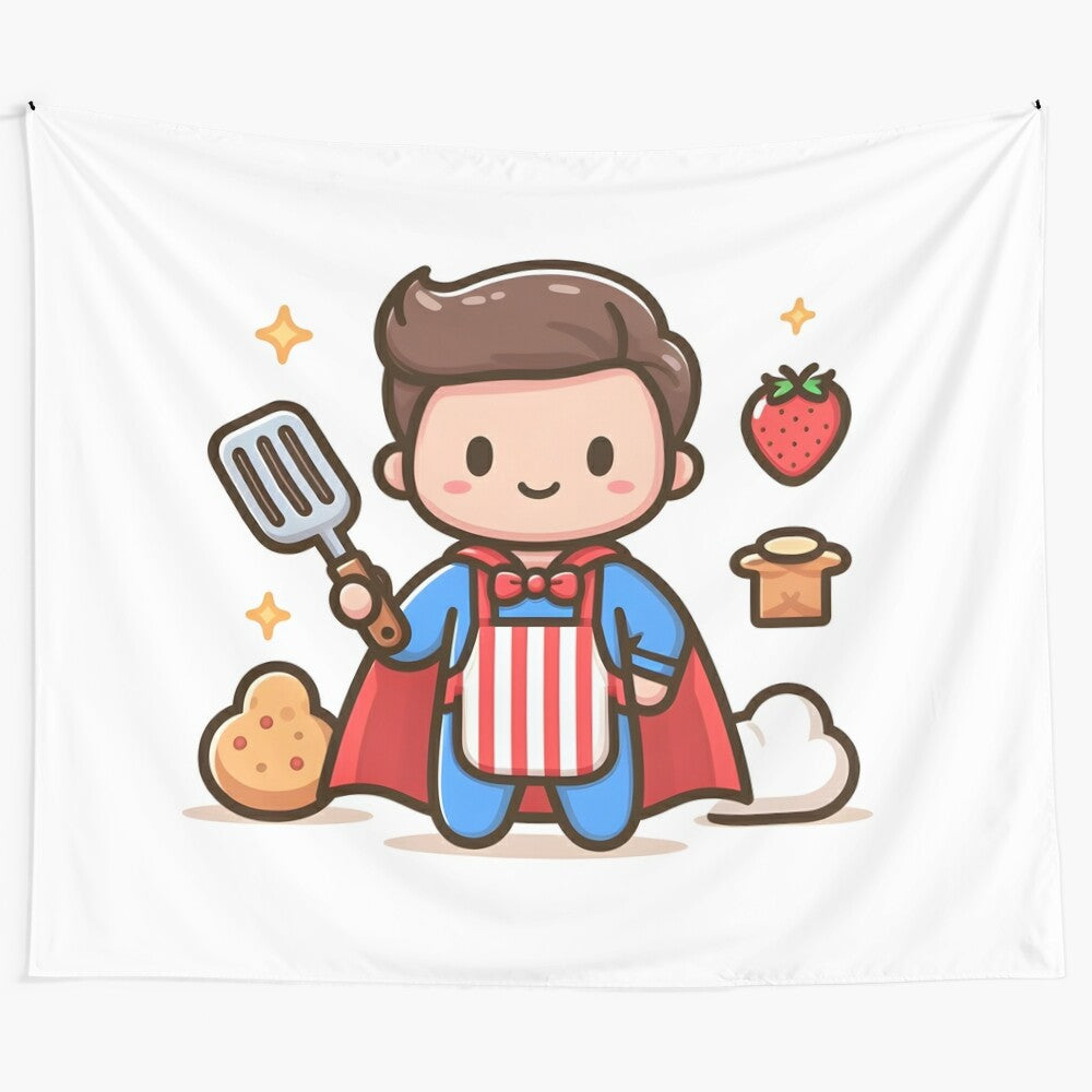 Kawaii superhero illustration tapestry with cute super hero character