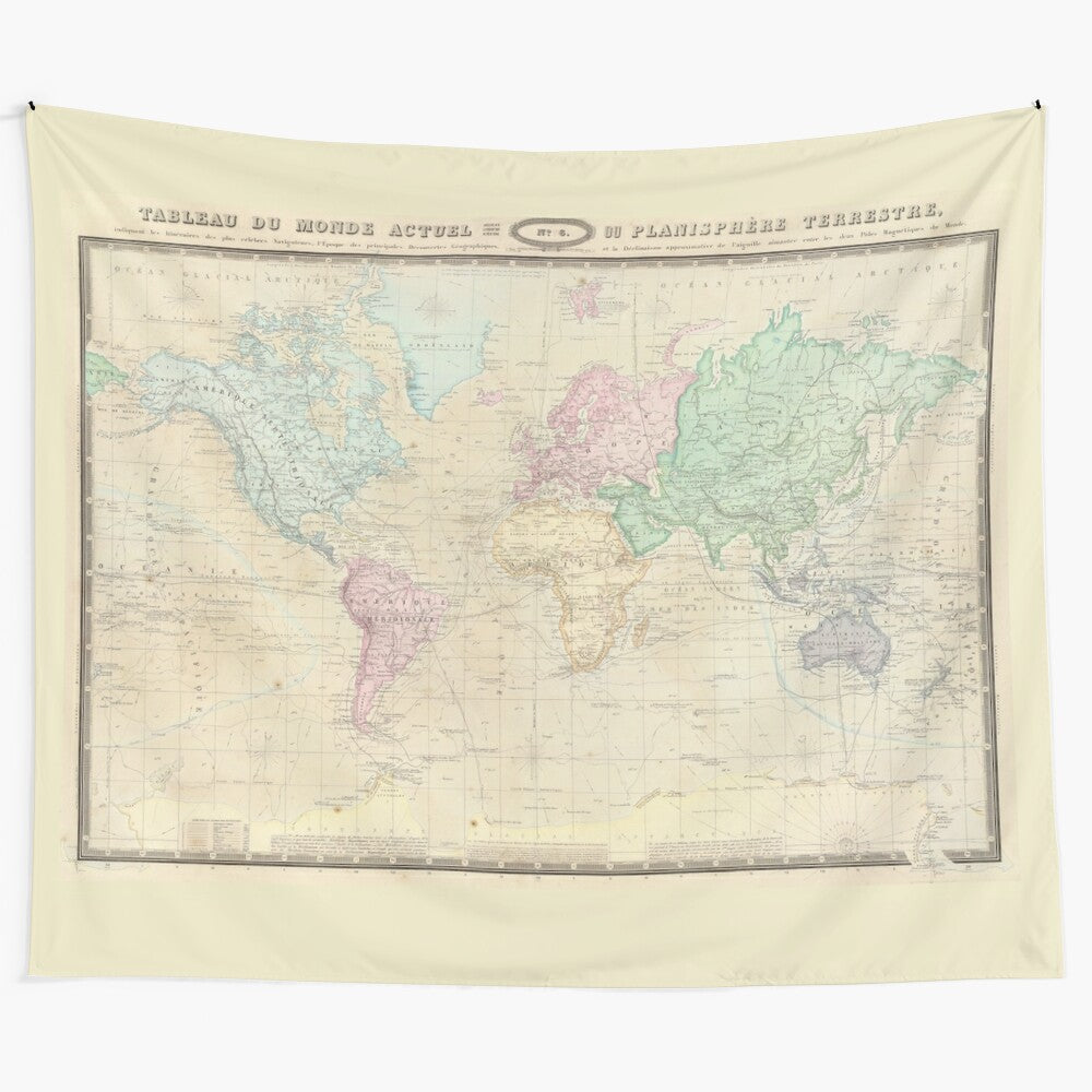 Vintage-inspired world map tapestry featuring an antique cartograph from 1862