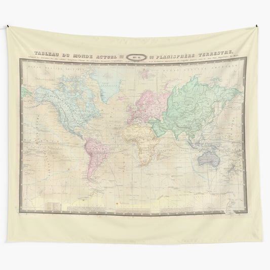 Vintage-inspired world map tapestry featuring an antique cartograph from 1862