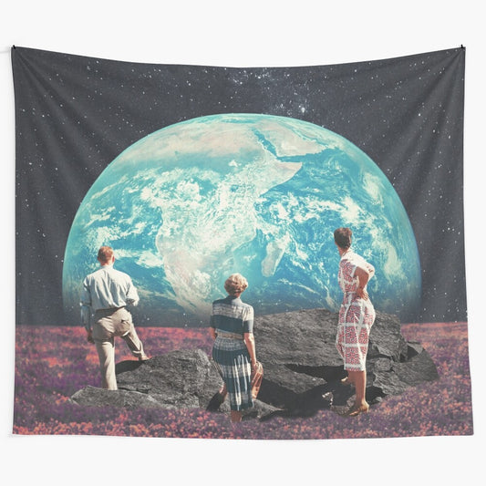 Colorful collage tapestry featuring a retro futuristic family portrait in space