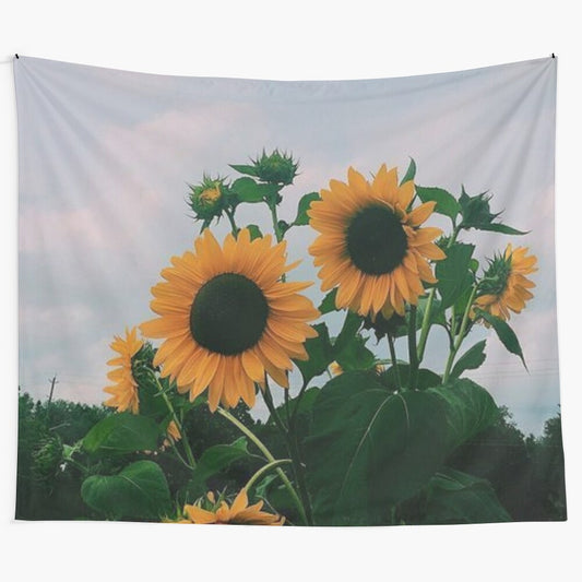 Vibrant sunflower tapestry with a beautiful blue sky and fluffy clouds