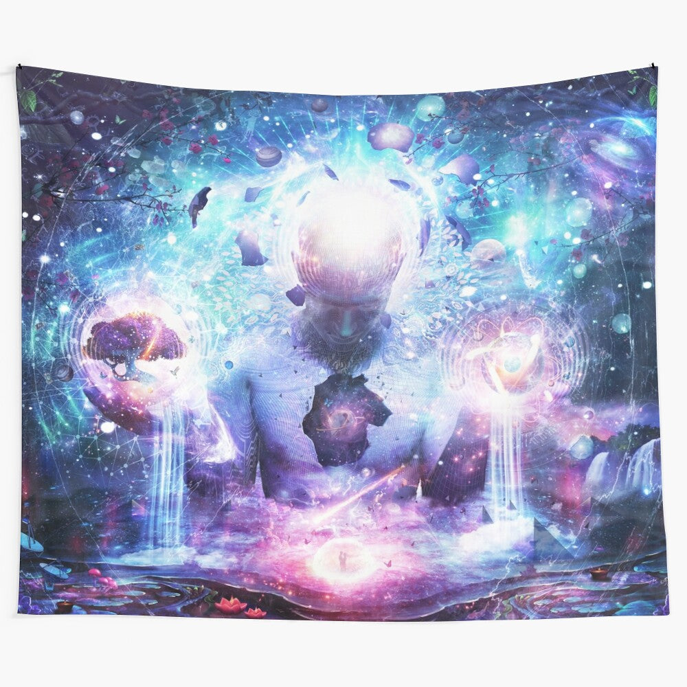 Visionary art tapestry featuring cosmic, psychedelic, and spiritual imagery