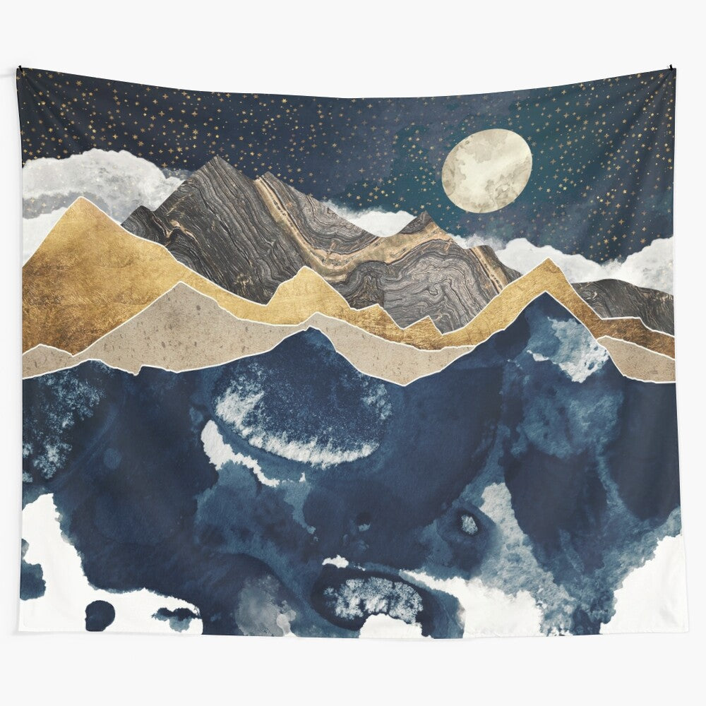 Midnight Winter Tapestry featuring a celestial landscape with mountains, stars, and a moon