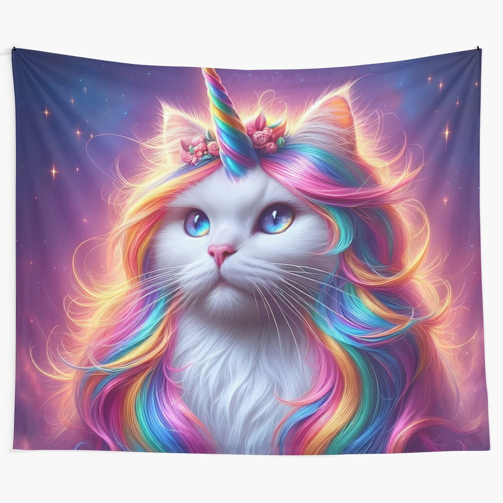 Whimsical fantasy caticorn with rainbow horn and hair on tapestry