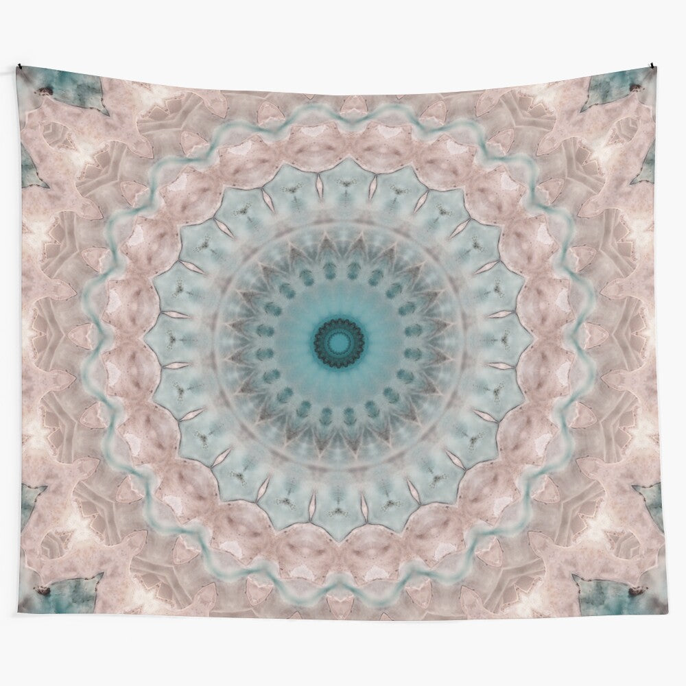 Blue beige mandala tapestry with kaleidoscope pattern