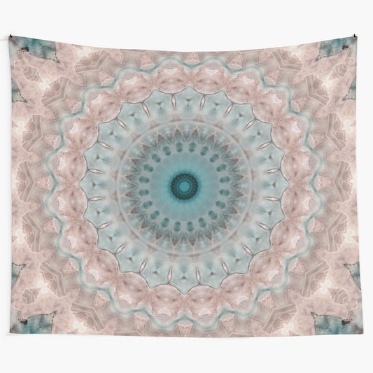 Blue beige mandala tapestry with kaleidoscope pattern