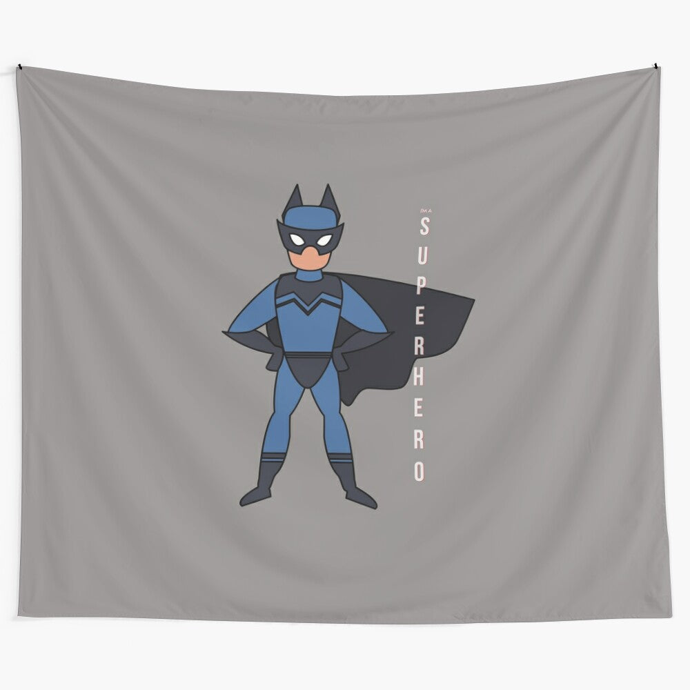 Colorful superhero tapestry with a strong, heroic figure