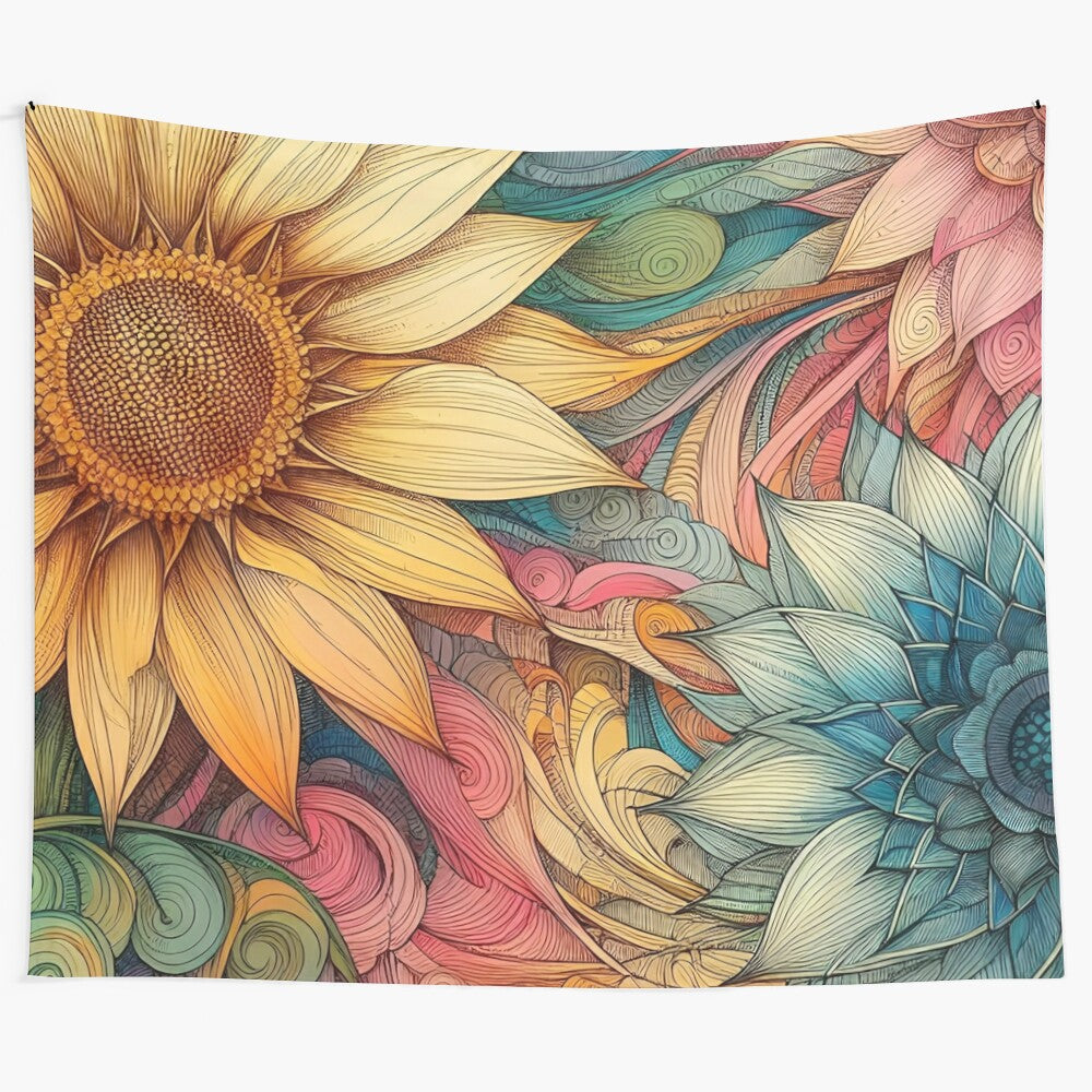 Sunflower tapestry with colorful floral and leaf patterns, perfect for nature-inspired home decor