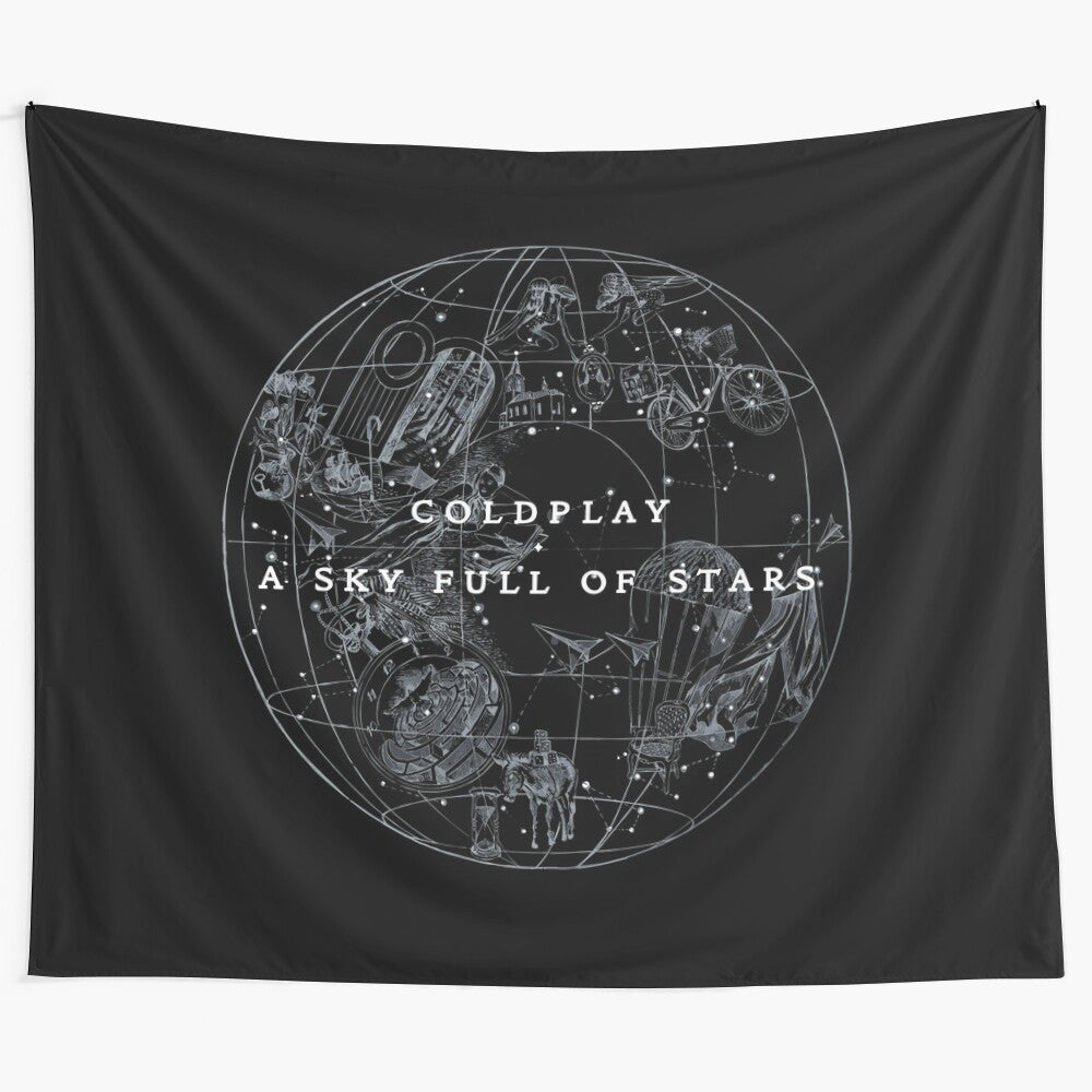 Colorful tapestry with a starry night sky and Coldplay-inspired imagery