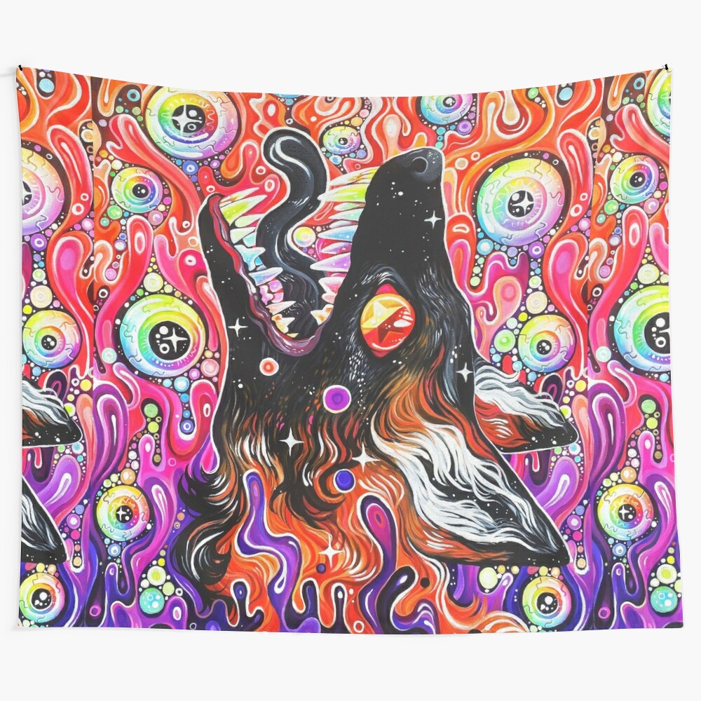 Psychedelic GlitterFox tapestry with vibrant, trippy, autumn-themed design