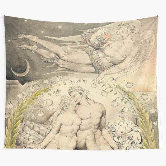 Tapestry featuring Adam and Eve with Satan in the foreground, based on the painting by William Blake