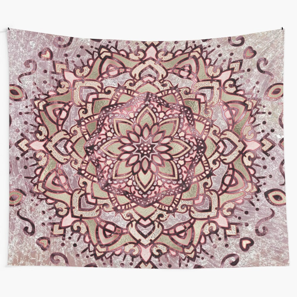 Burgundy plum mandala tapestry with blush, peach, and metallic accents