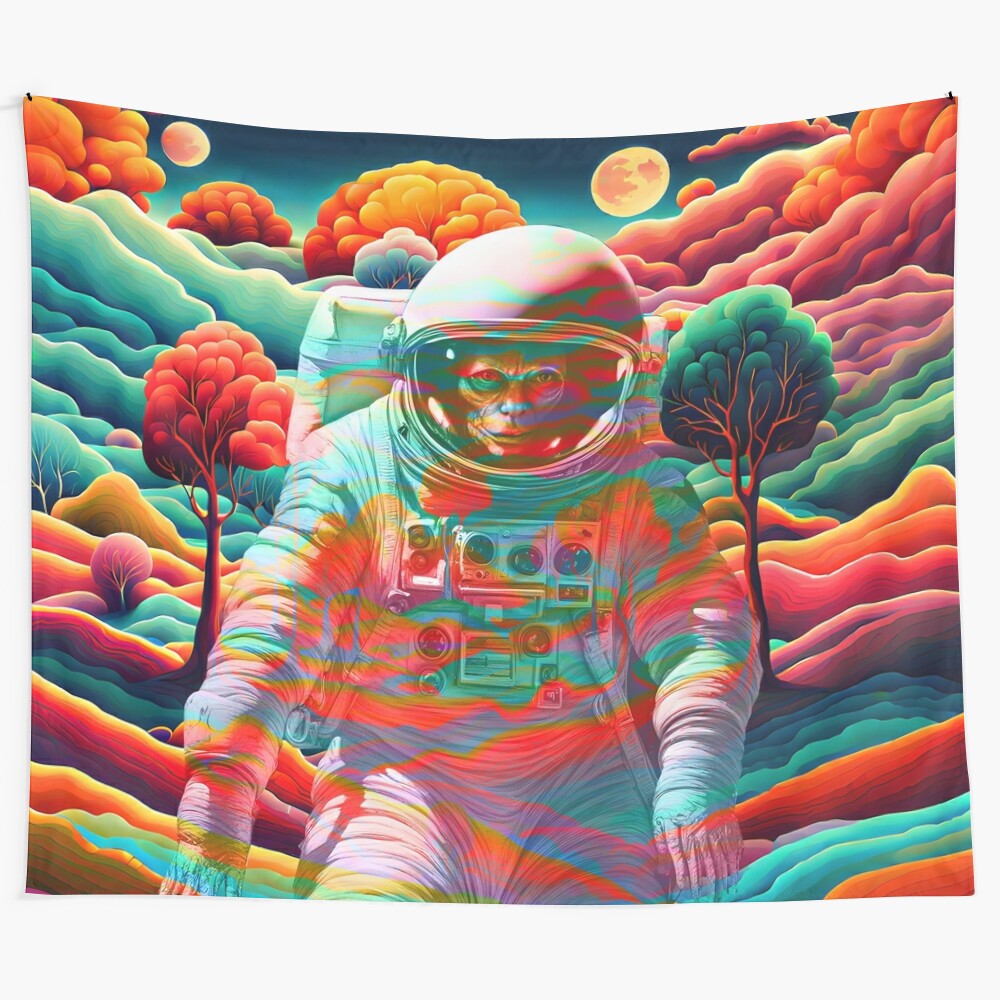 Psychedelic astronaut tapestry with vibrant, cosmic imagery