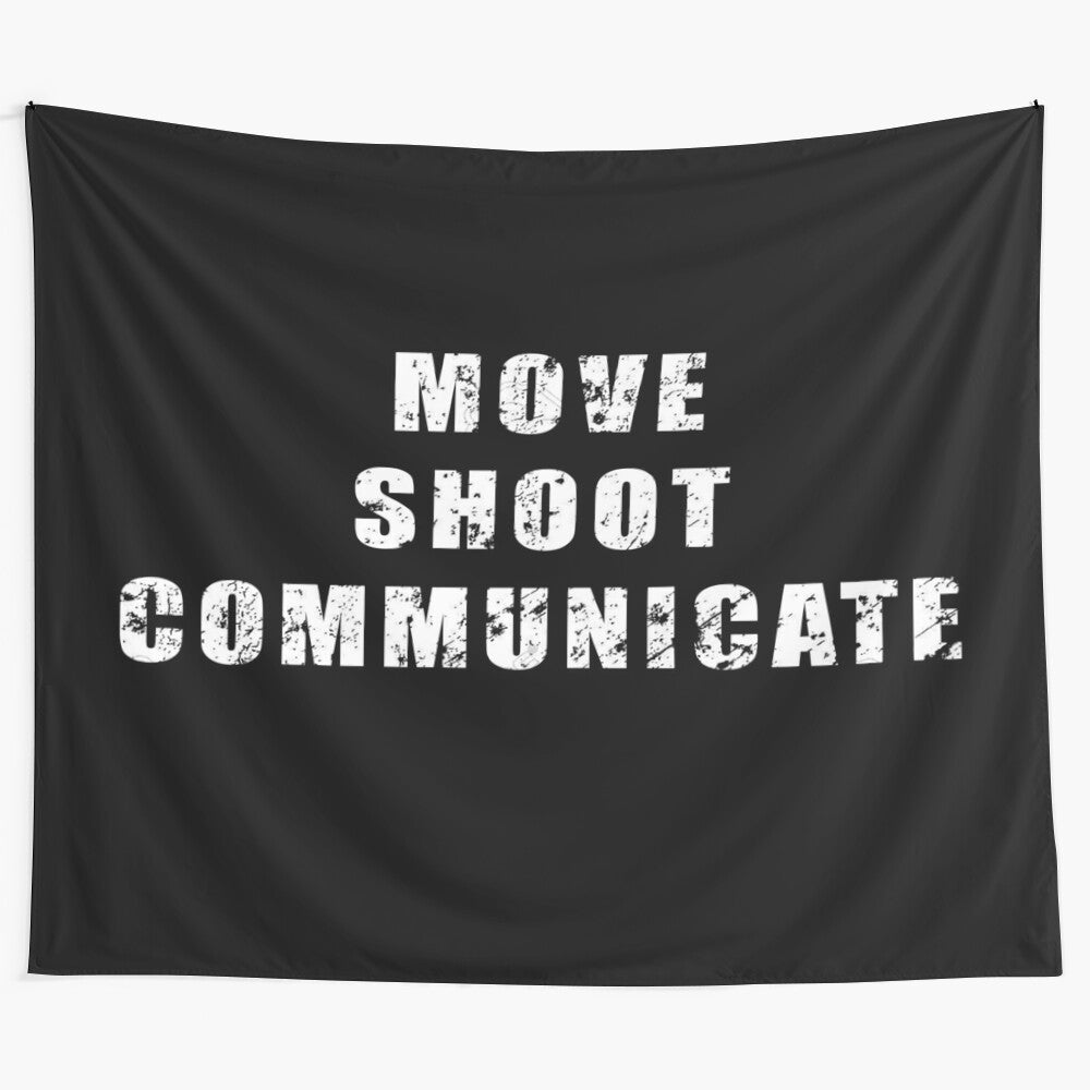 Motivational tapestry with tactical and military-inspired design