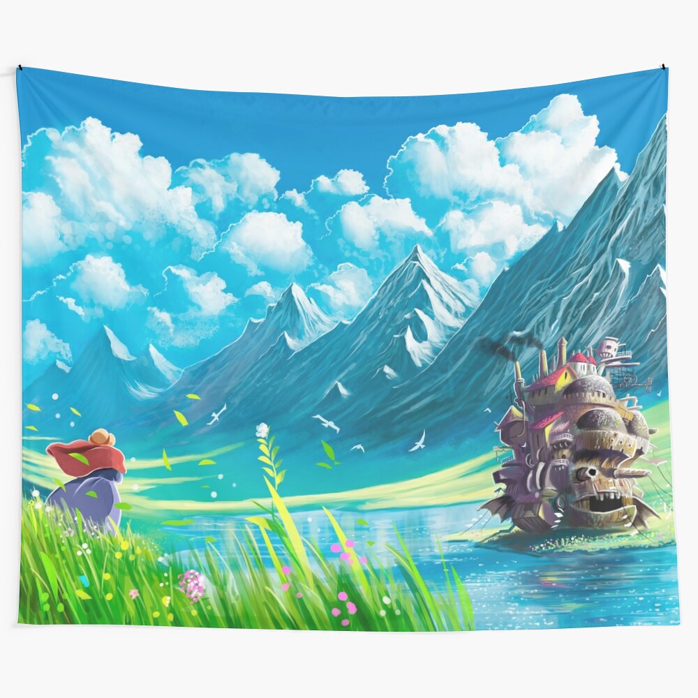 Majestic castle and lake fantasy landscape tapestry