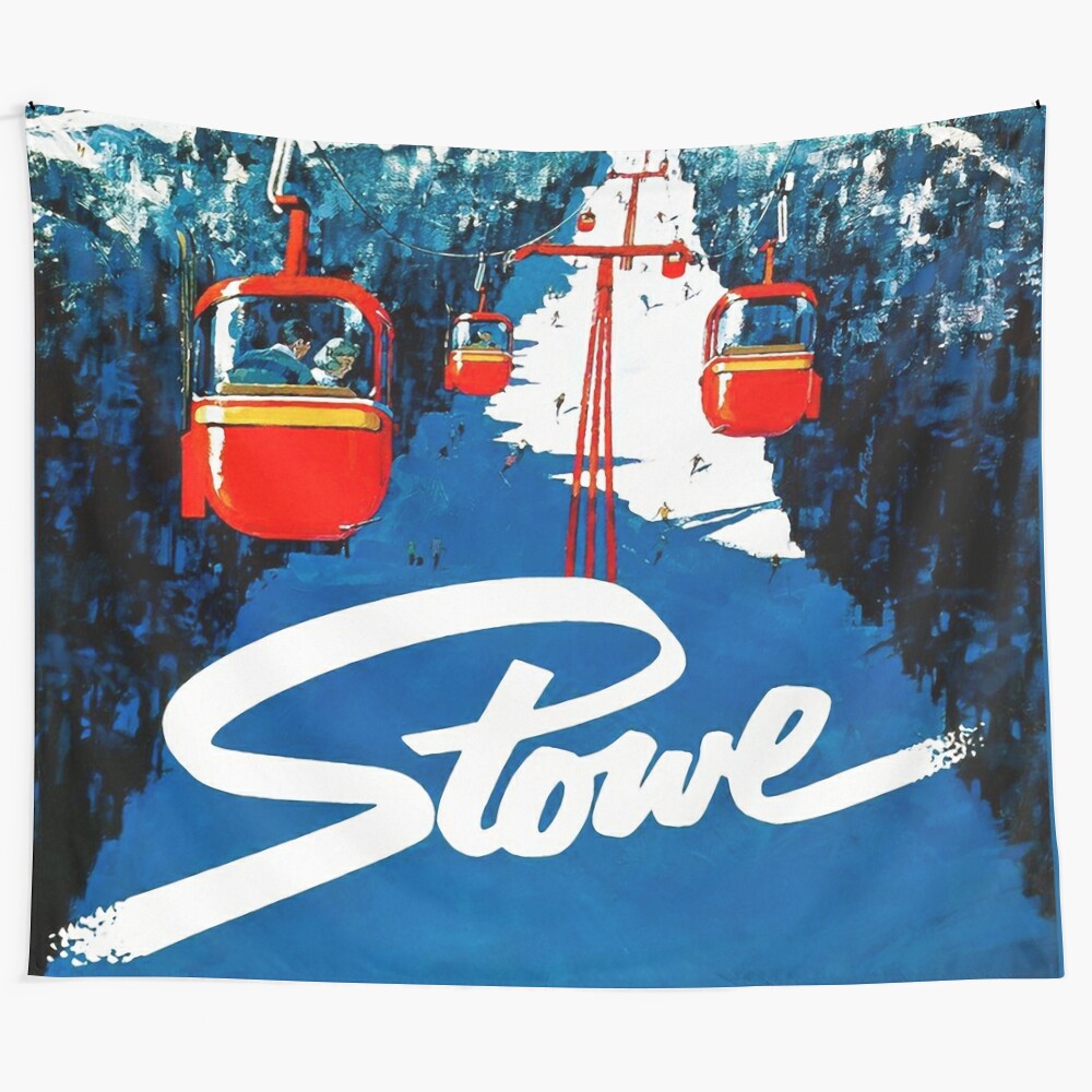 Vintage-style gondola ski poster tapestry featuring a snowy winter landscape