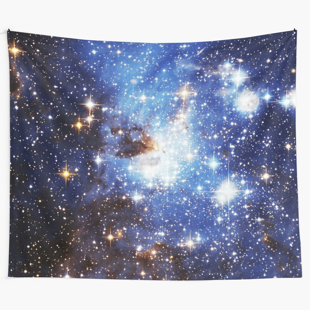 Blue galaxy nebula tapestry with cosmic, celestial design