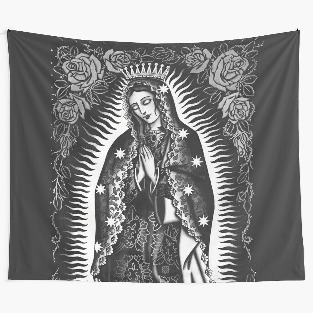 Vintage-inspired black and white tapestry featuring an image of the Virgin Mary