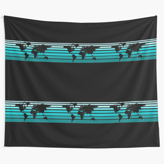 Teal ombre striped world map tapestry