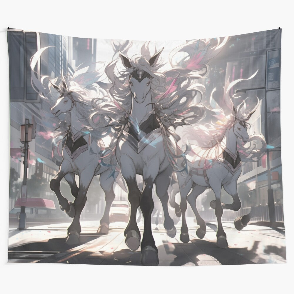 Colorful tapestry featuring a majestic unicorn parade in a fantasy cityscape