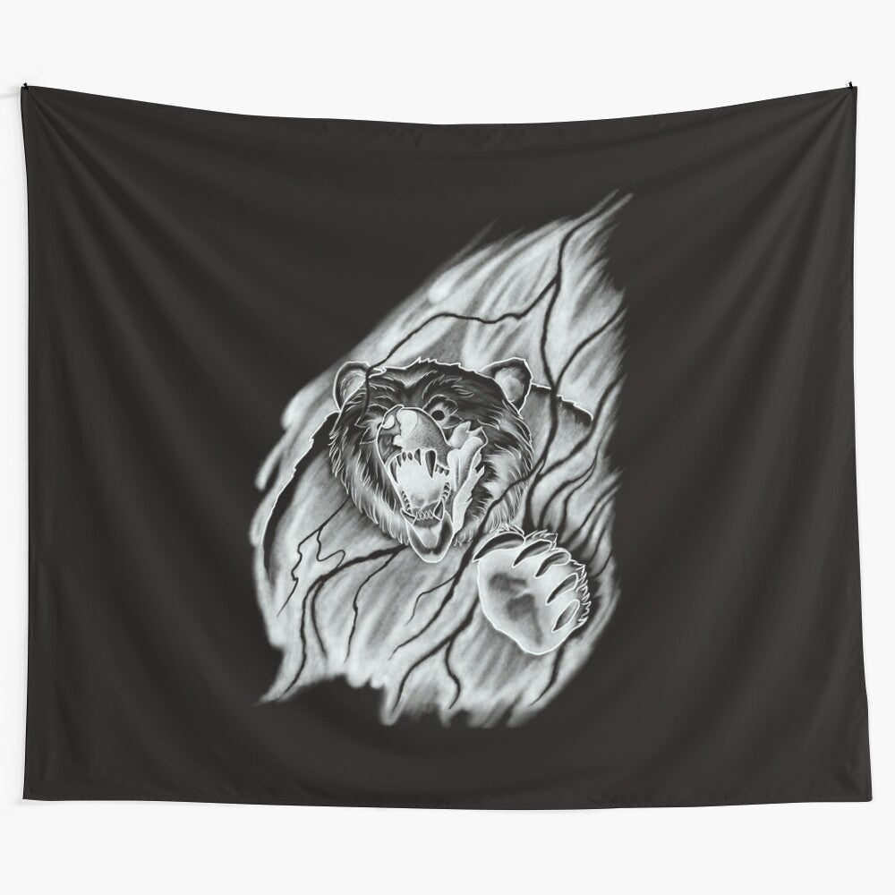 Roaring bear silhouette breaking through lightning storm in black and white tapestry design