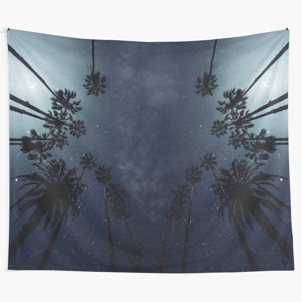 Captivating tapestry featuring palm trees silhouetted against a starry night sky