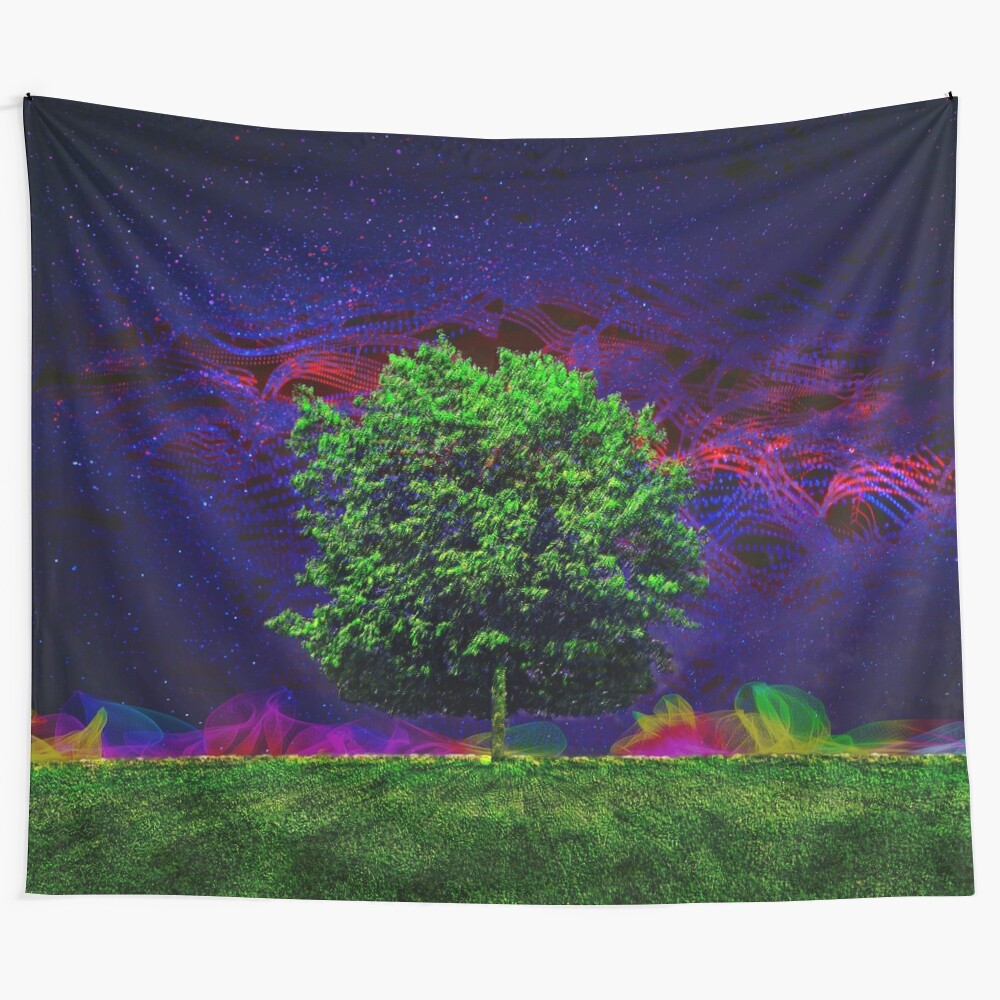 Mesmerizing trippy tapestry featuring a cosmic, abstract landscape design