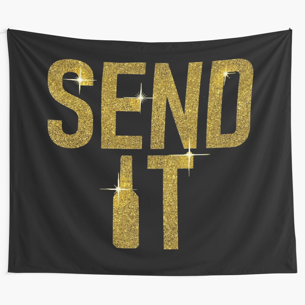 Gold tapestry with "Full Send" text, perfect for college dorm or home decor