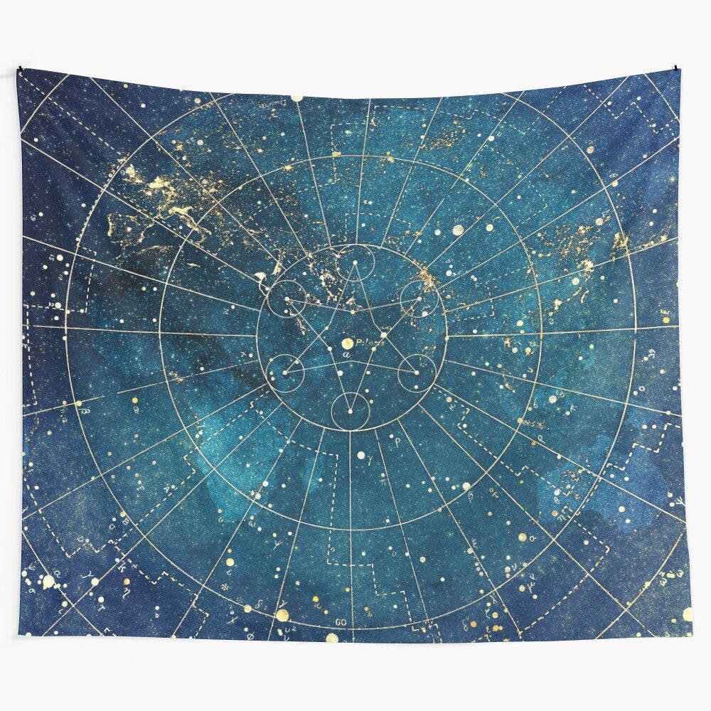 A beautiful celestial star map tapestry featuring a night sky filled with stars, constellations, and the Milky Way galaxy.