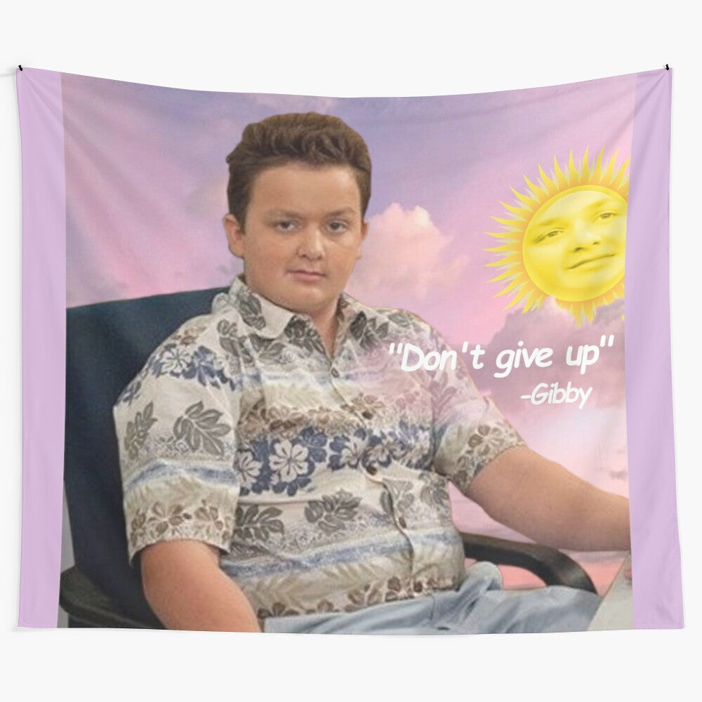 Gibby from iCarly encouraging "Don't Give Up" on a tapestry with sky and clouds