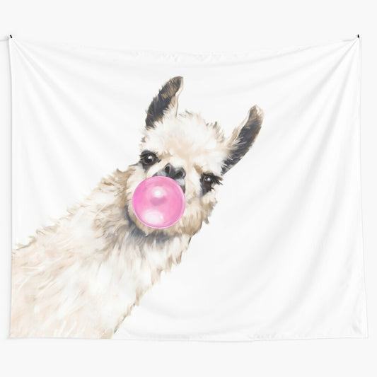 Watercolor illustration of a cute llama blowing bubble gum