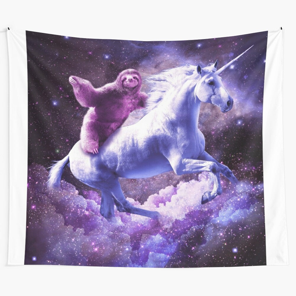 A vibrant tapestry depicting a sloth floating through a cosmic galaxy scene, riding a magical unicorn.