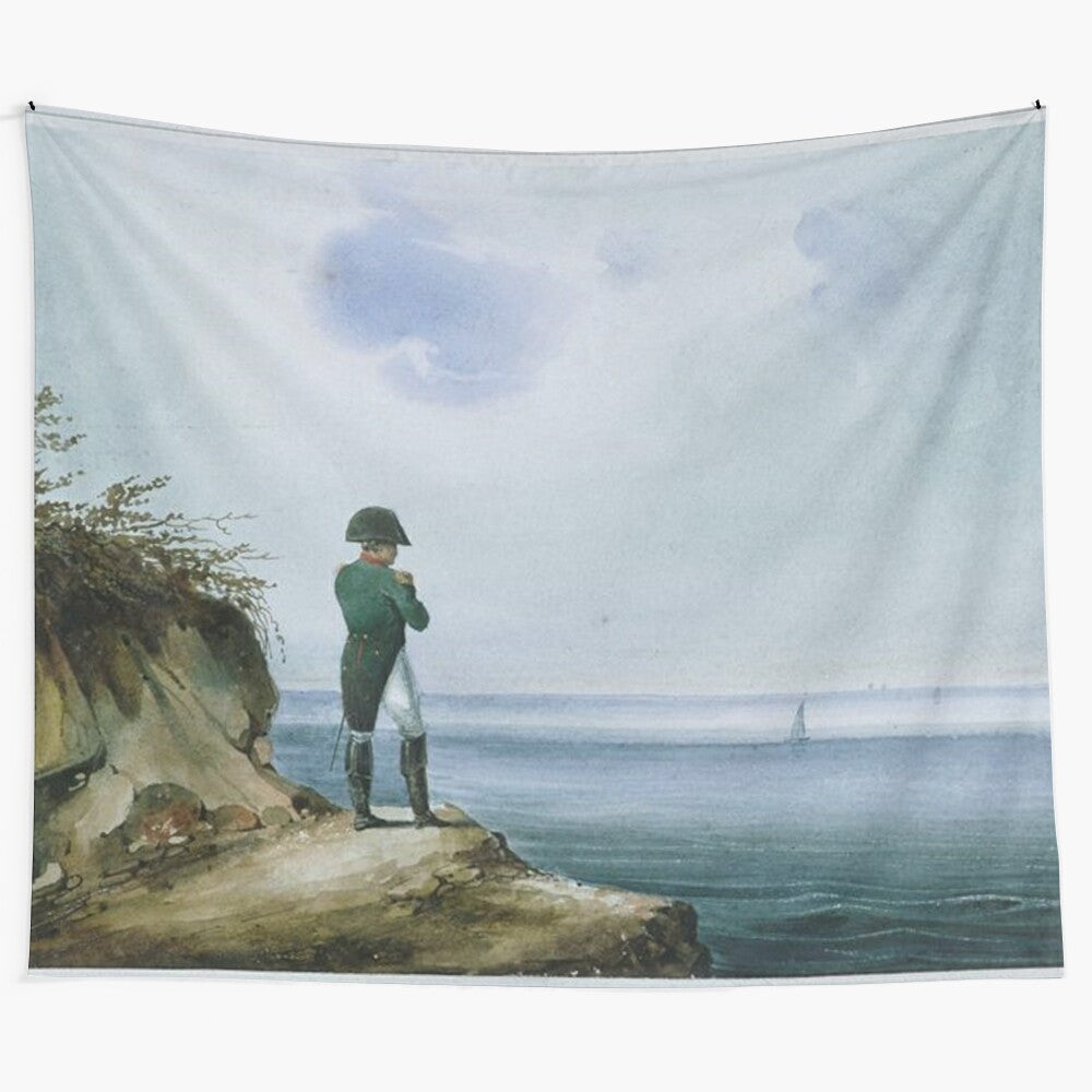 Vintage tapestry artwork featuring Napoleon Bonaparte on the island of Saint Helena