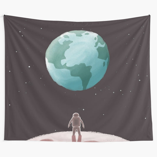 Astronaut in space tapestry with Earth, moon, and stars