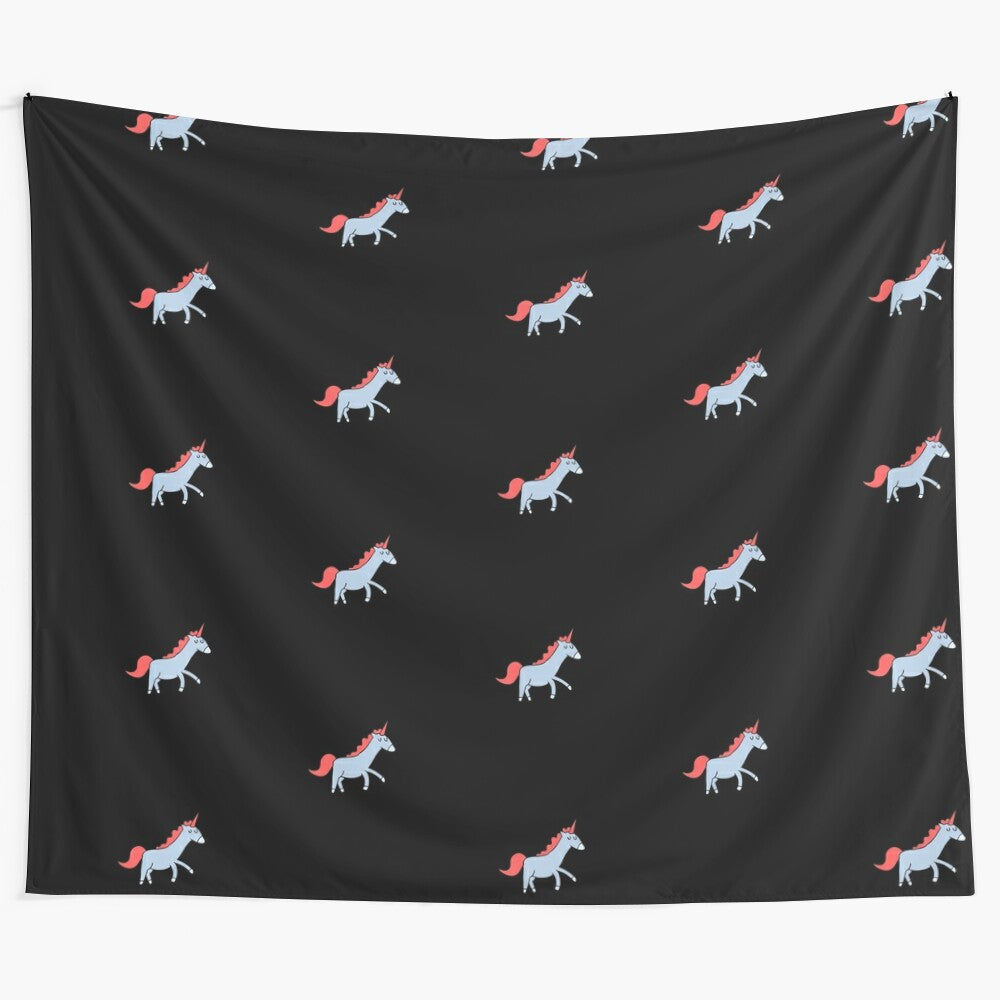 Colorful and quirky unicorn cartoon illustration on a tapestry