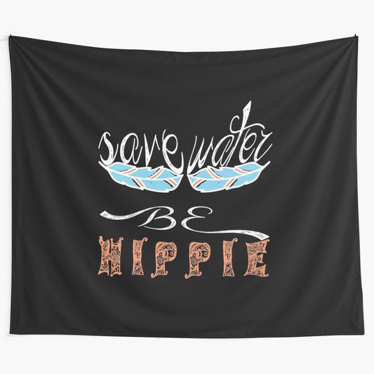 Colorful hippie-inspired tapestry with "Save Water" graphic design