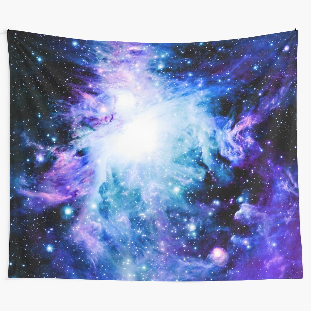 A captivating tapestry featuring the Orion Nebula and a galaxy in shades of turquoise, violet, and pink