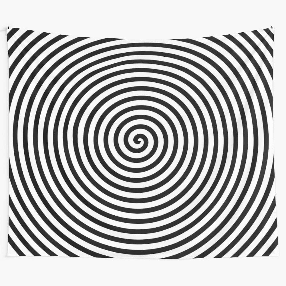 Black and white spiral tapestry with a trippy, hypnotic design