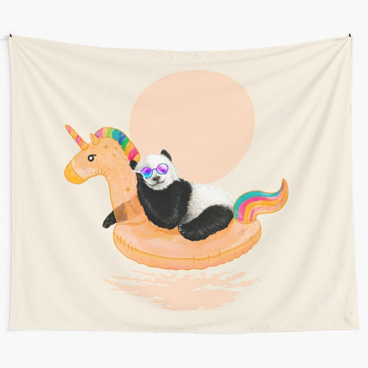 Whimsical chillin unicorn panda tapestry with rainbow sunset and pastel colors