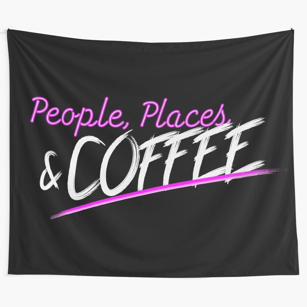 Vibrant retro-inspired tapestry featuring coffee, people, and places in a pop art style