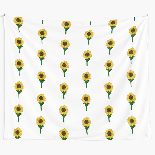 Vibrant sunflower tapestry with a single cartoon-style sunflower against a yellow background