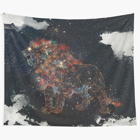 Celestial King Tapestry featuring a majestic lion against a galaxy backdrop