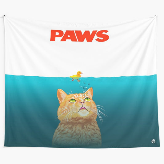 Paws! Tapestry featuring a colorful underwater scene with a cat, birds, and marine life